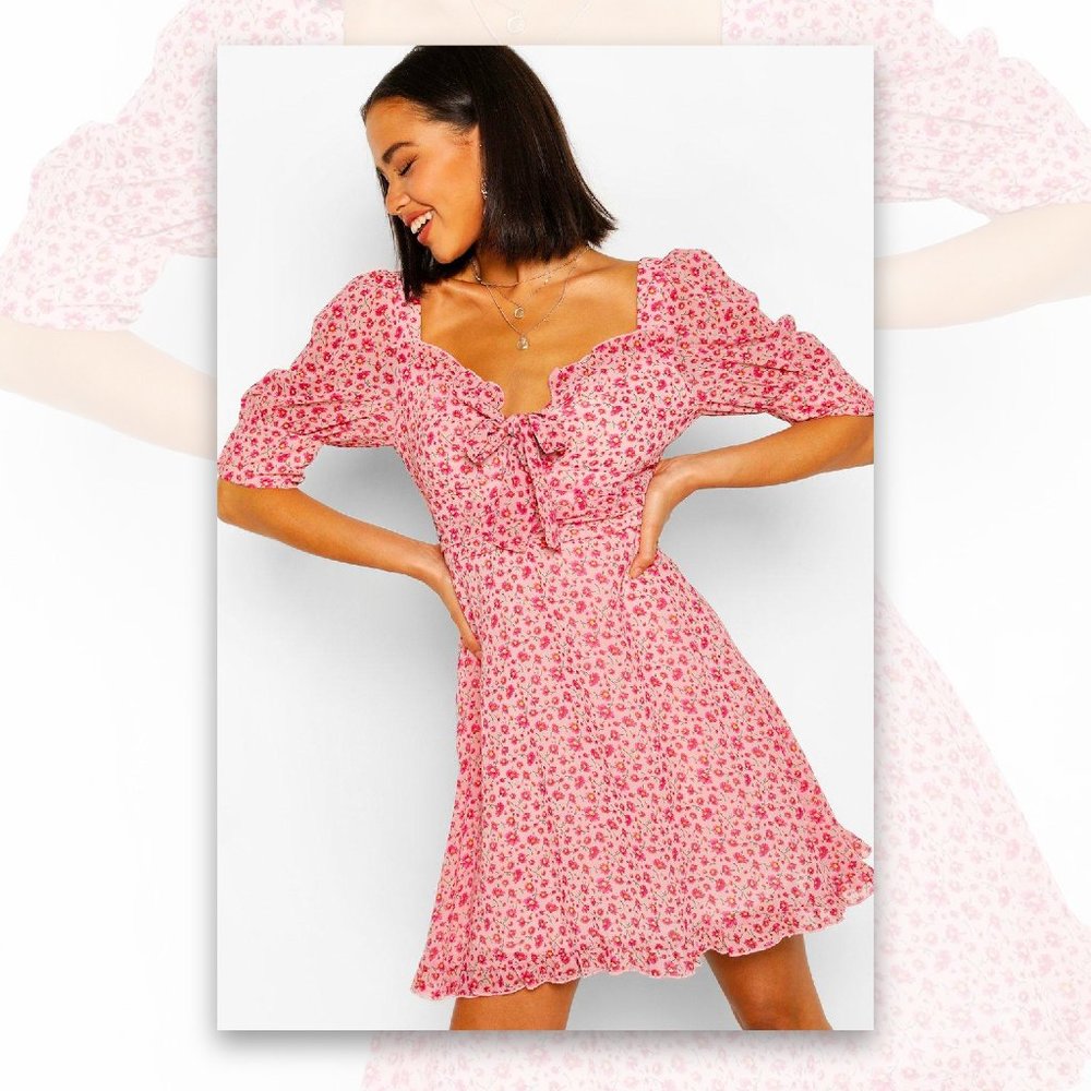 🎉 4/3 Host Pick! 🎉 Boohoo Pink Daisy Floral Print Skater Dress  - Size 6 UK 10